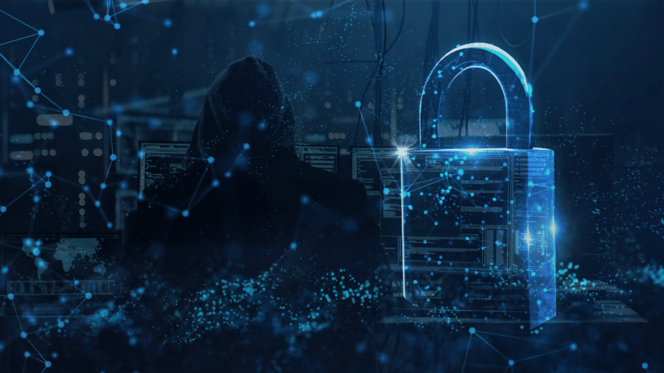 A silhouette of a hacker in a dark room surrounded by computer screens, representing cyber threats. A glowing digital padlock with interconnected nodes symbolizes cybersecurity. The image suggests a focus on the LockBit ransomware, highlighting the intersection of hacking and cyber protection.