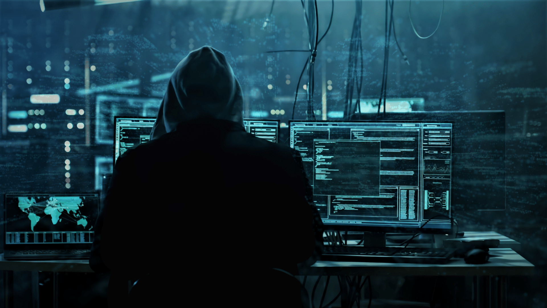 image of a hacker in a hoodie sitting infront of multiple computers